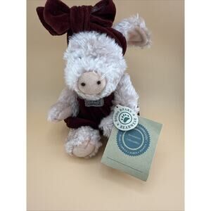 NWT-9” BOYDS BEARS KAITLIN PINK PLUSH PIG MAROON VELVETEEN OVERALLS Bow